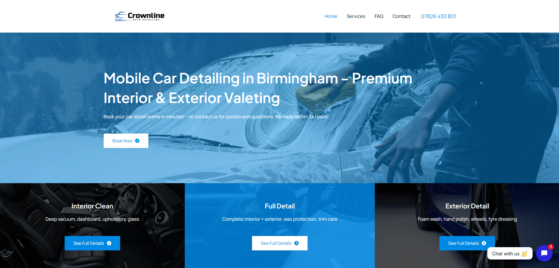 Home page for a car detailing company